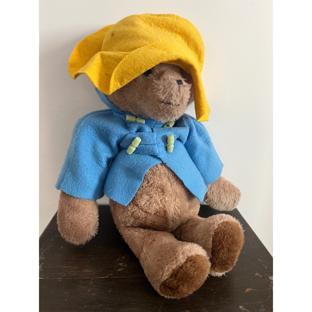 Paddington Bear Plush 18 inch Blue Duffle Coat Yellow Hat Vintage Stuffy Toy